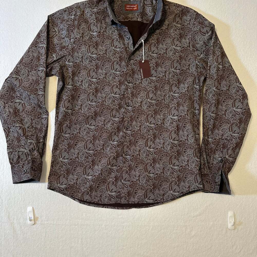 Consequence Men's Tan/Brown Paisley Long Sleeve Button Up Dress Shirt L